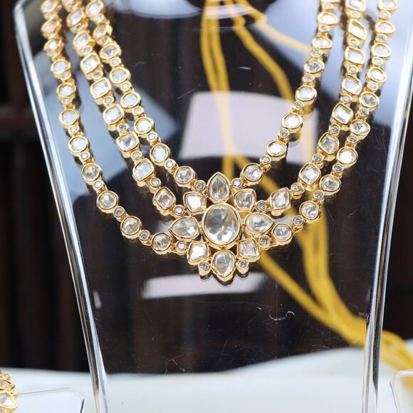 Regal Triple-Layer Kundan Necklace & Earrings Set, JP34 - Picture 2 of 10